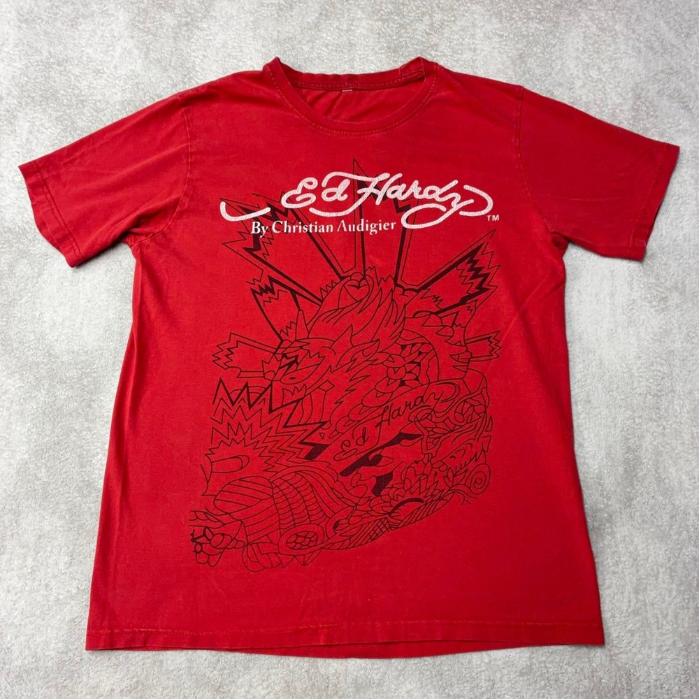 Vintage Ed Hardy Dragon Graphic T-Shirt Red Tattoo Art OG Circular Knit Mens M
